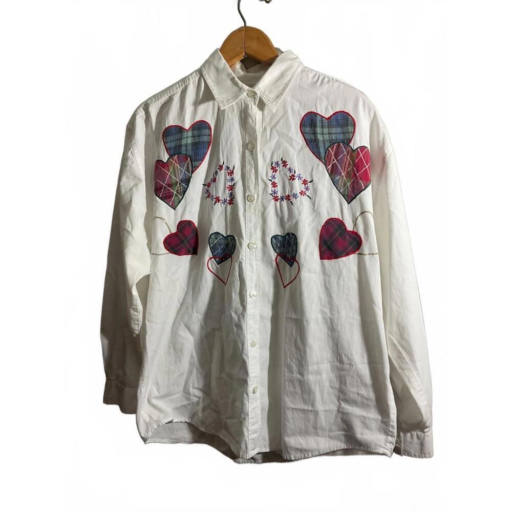 Jane Ashley White Button-Down Shirt with Colorful Heart Patches Small